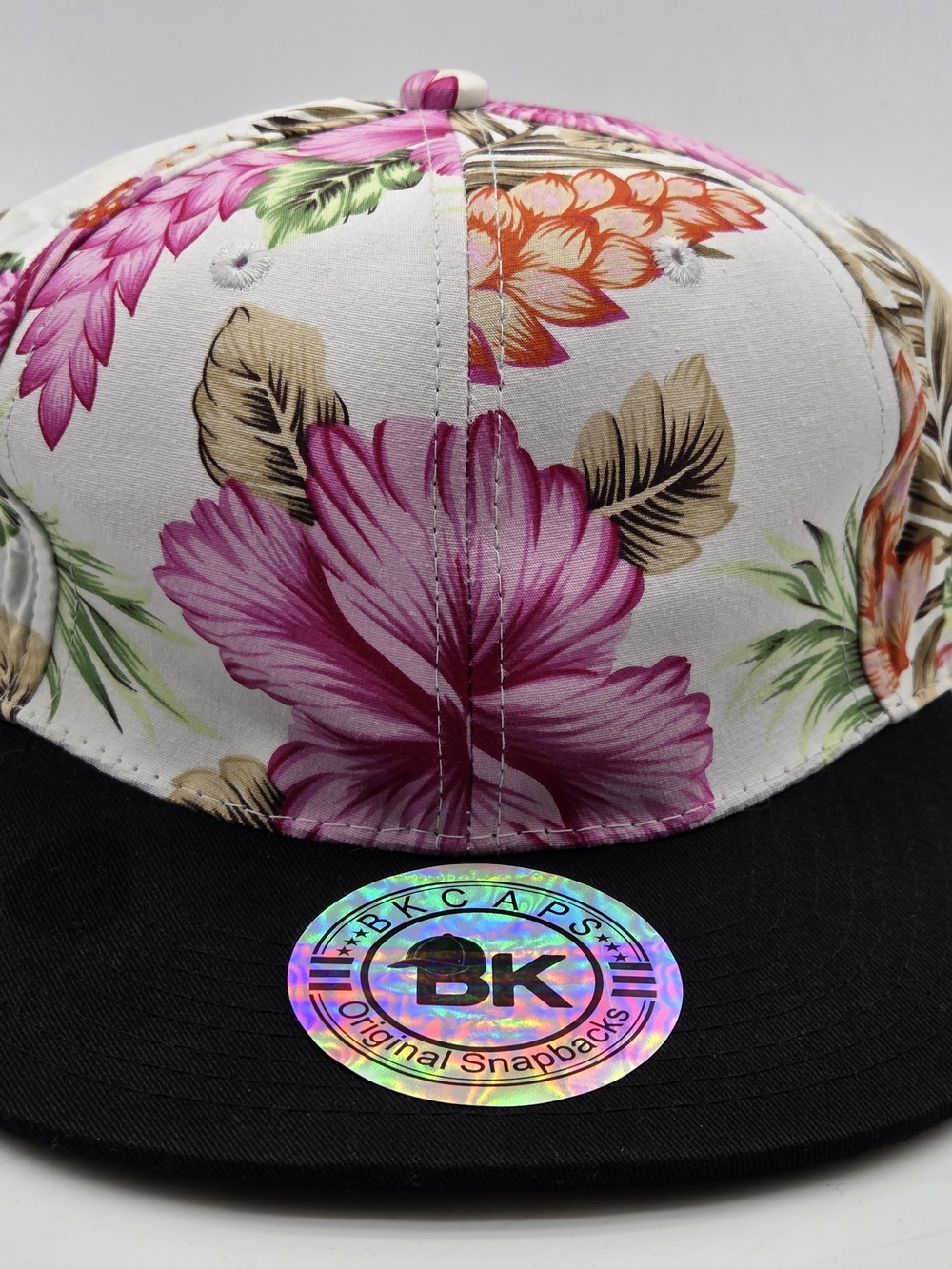 BK Caps Floral Snapback Hat White Pink Hibiscus Tropical Flat Bill Adjustable
